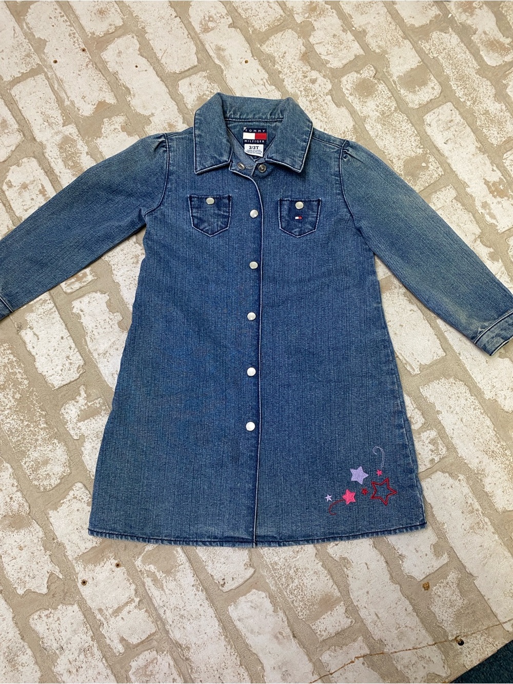 Tommy Hilfiger Girls' Blue Denim Snap-Front Jacket Dress with Star Embroidery